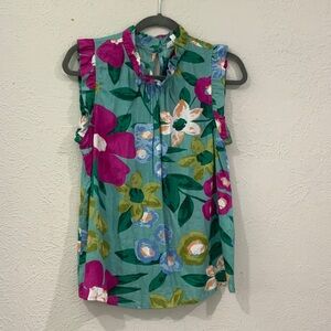 THML Vibrant Floral Ruffle Blouse - Green and Pink